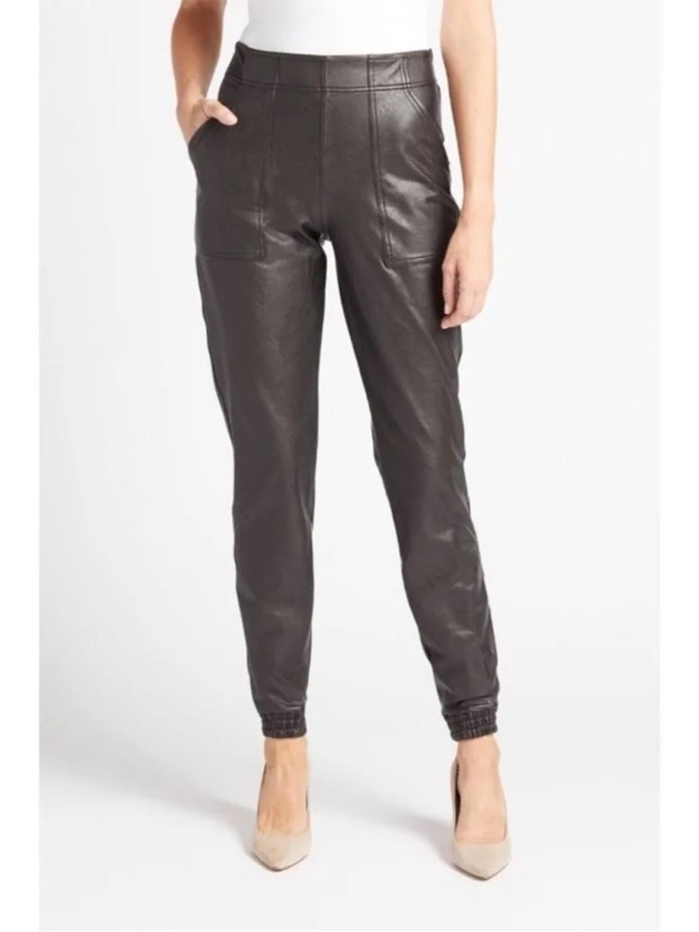 Spanx S Faux Leather Stretchy Comfy Jogger Pants Fall Dark Brown Chic Modern